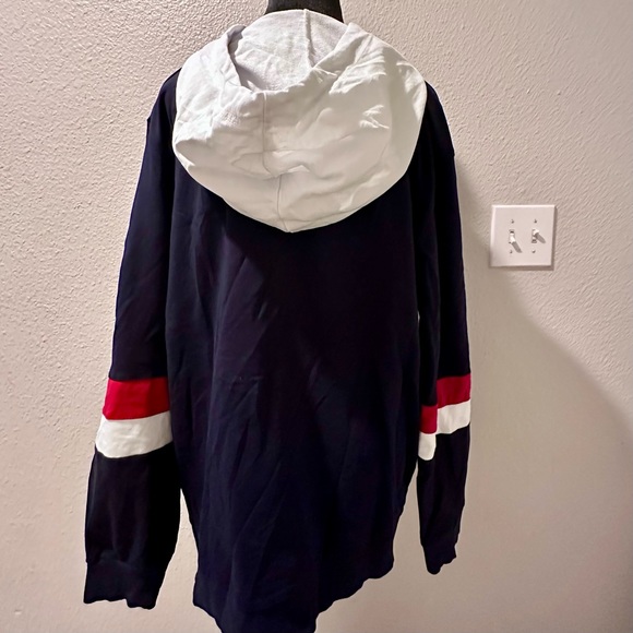 NWOT Navy Blue Long Sleeve Hoodie with Red/White Stripes on the Arms - Picture 4 of 4